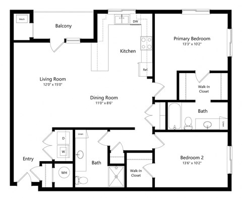 a 2D floorplan of the 2-bedroom Knickerbocker at The Conrad in Omaha, NE 68105